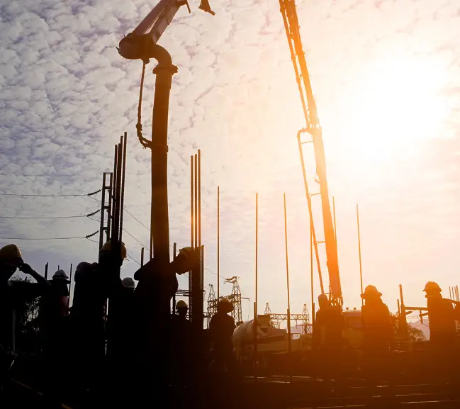 Silhouette construction industry team safely to work load concrete building according to set goal over blurred background sunset pastel for industry background.